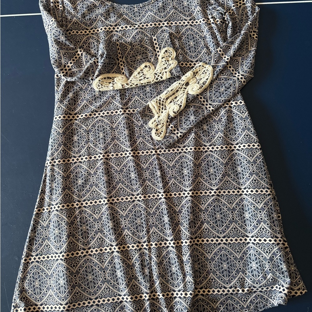 Navy and White Sheath Dress with Bishop Sleeves
